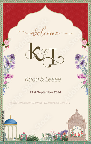 Indian Punjabi Rajasthani Wedding invitation with Tress Flowers Tombs and Arches.