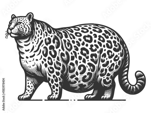 chubby fat leopard with bold spots, combining humor and retro artistic style sketch engraving generative ai vector illustration. Scratch board imitation. Black and white image.