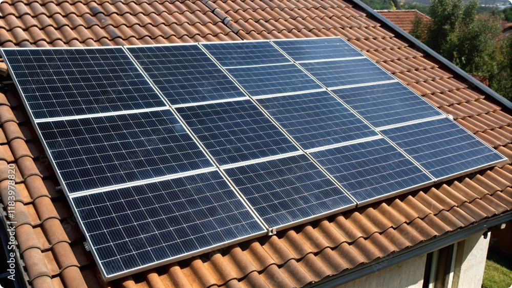 Solar Panels on Brown Tile Roof Sustainable Energy Clean Power Solar Panels on Brown Tile Roof Sustainable Energy Clean Power