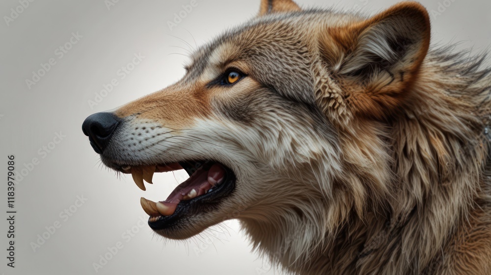 Obraz premium Close-up profile of a wolf with open mouth, showing teeth.
