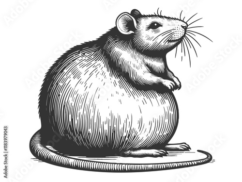 plump chubby rat, intricate linework and shading, showcasing a whimsical and humorous design sketch engraving generative ai vector illustration. Scratch board imitation. Black and white image