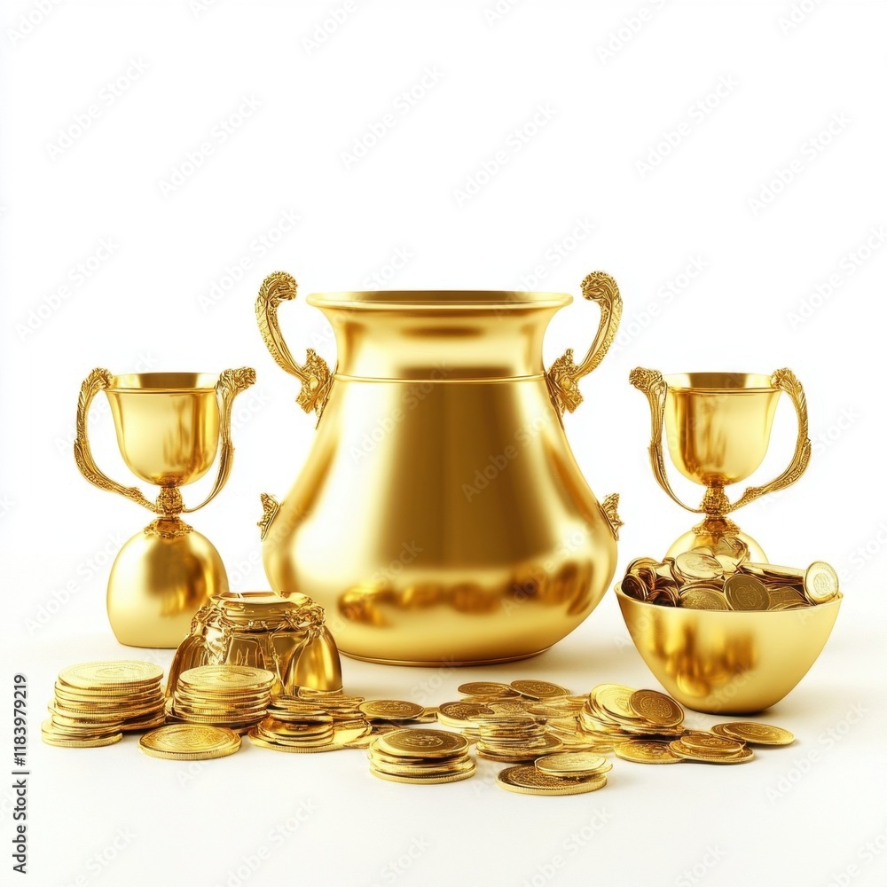 A collection of shiny gold trophies and containers surrounded by scattered gold coins, symbolizing wealth and success. A collection of shiny gold trophies and containers surrounded by scattered gold coins, symbolizing wealth and success.
