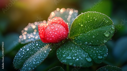 Dew-kissed red flower bud, sunrise garden, bokeh background, nature photography