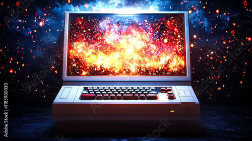 Retro Computer with Cosmic Galaxy Display: A Blast from the Past photo