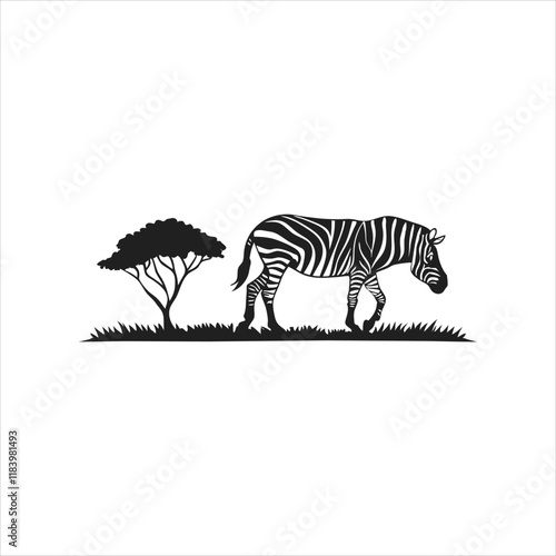 Zebra with tree and grass