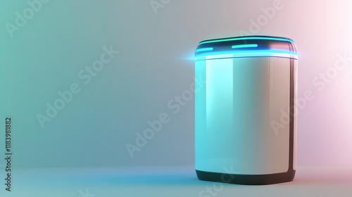 Futuristic white smart device with glowing blue accents on a gradient background.