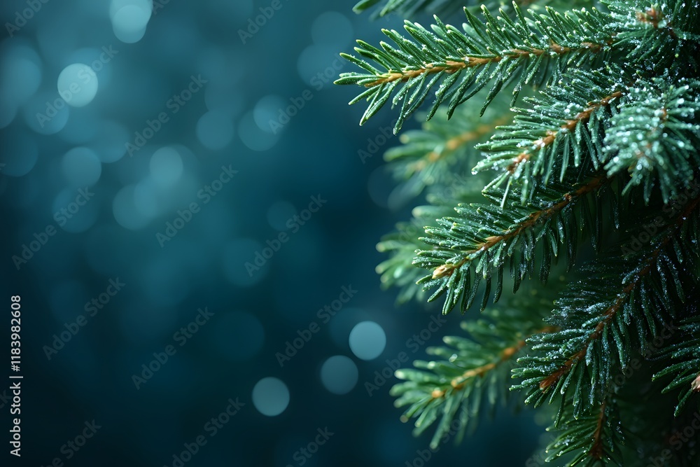 Winter Holiday Evergreen Branch with Dew on Blurred Background for Seasonal Design Winter Holiday Evergreen Branch with Dew on Blurred Background for Seasonal Design