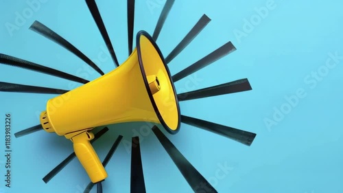 
A dynamic video showcasing a yellow megaphone on a bold blue background with light stripes, ideal for advertising, announcements, and communication, featuring space for text.