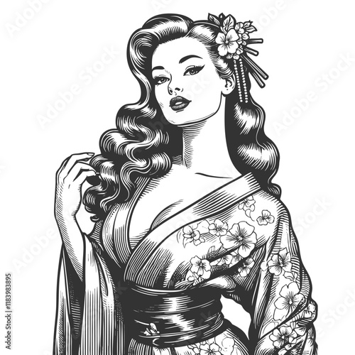 Japanese geisha in a floral kimono, gracefully looking over her shoulder with a serene expression sketch engraving generative ai vector illustration. Scratch board imitation. Black and white image.