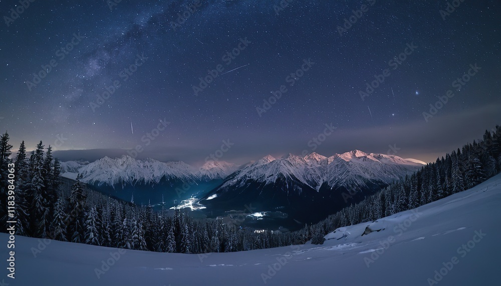 Fototapeta premium Mysterious winter night dark forest snowy mountains spooky fog 9