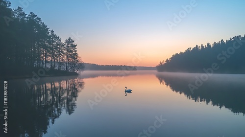 Wallpaper Mural Serene sunrise over calm lake with solitary swan. Torontodigital.ca