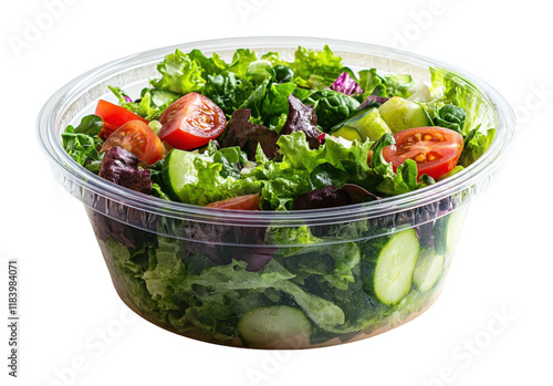 Fresh salad in round cardboard container healthy food outdoor picnic bright natural light close-up isolated on transparent background png photo