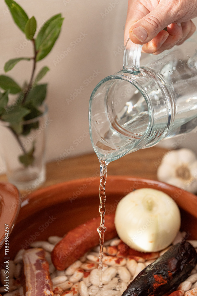 Cook pouring water into clay pot with fabada ingredients Cook pouring water into clay pot with fabada ingredients