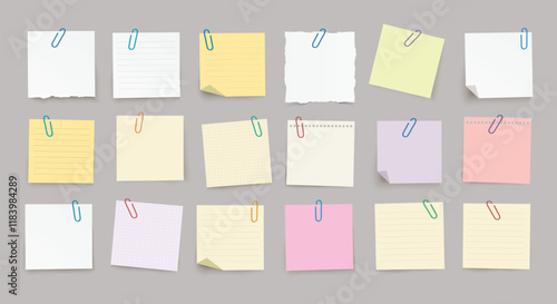 Large set of vector realistic note papers with paper clips and diffrent colors on transparent background.