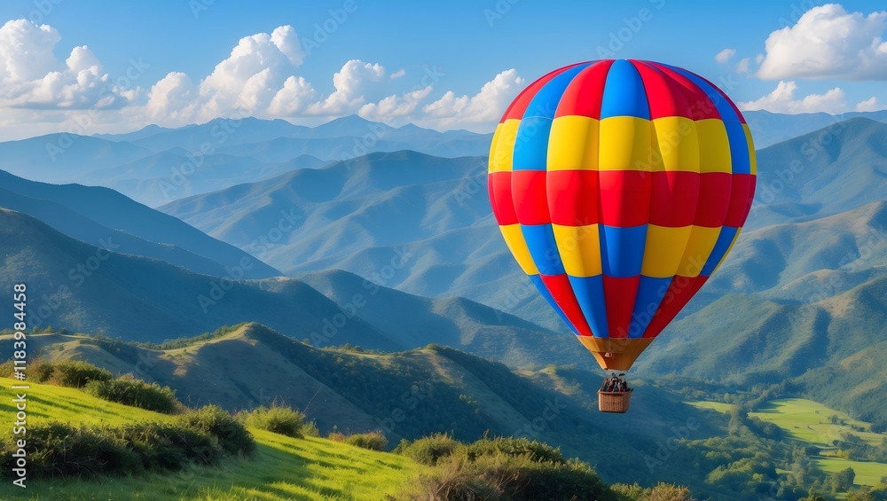 Obraz premium Amazing view of mountains with colorful hot air balloon. Travel concept. Artistic picture. Beauty world. Ai Generative.