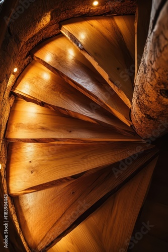 A spiral staircase beautifully crafted in natural wood leads to the second floor of the log home, illuminated by soft warm light. The ambience radiates comfort and charm photo