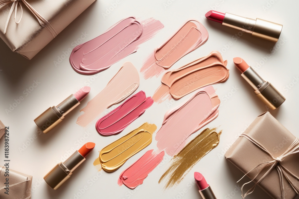 Obraz premium Lip gloss smear in heart shape forms on creamy background with lipsticks and wrapped gifts. AI generated