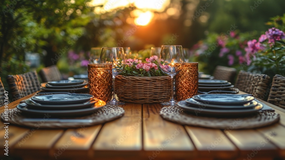 Naklejka premium Sunset garden dinner party table setting.
