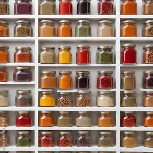 A spice rack with small glass jars filled with colorful spices, against a clean white backdrop. photo