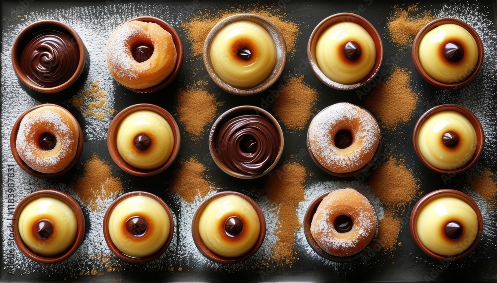 Fototapeta premium Delicious Variety of Sweet Bomboloni on a Serving Tray with Chocolate and Cream Filling