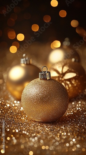 Gold Christmas ornaments on glitter, bokeh background