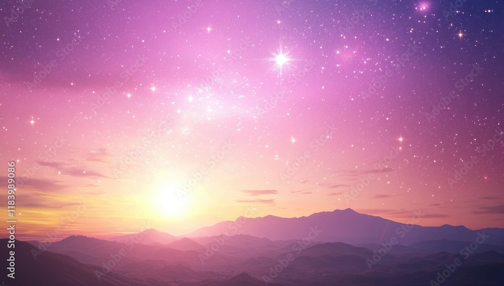 Fototapeta premium Pink and Purple Sunset Illuminates Majestic Mountain Peaks Under a Starry Sky