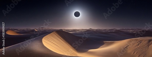 A mesmerizing view of the Sahara Desert with enormous sand dunes reflecting the light of a total solar eclipse, Desert eclipse scene, Ethereal style