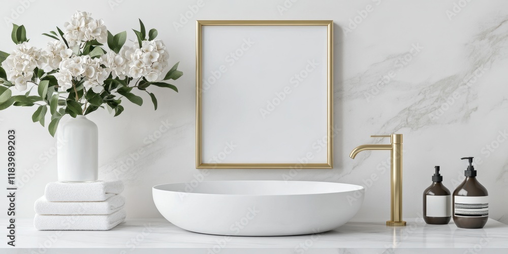 Fototapeta premium Elegant bathroom decor with brass frame and marble elements for interior design