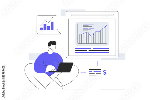 Sales performance. Character Analyzing financial data, progress achievement and business statistics at presentation board. Flat Cartoon Vector Illustration, icon. Stylish abstract