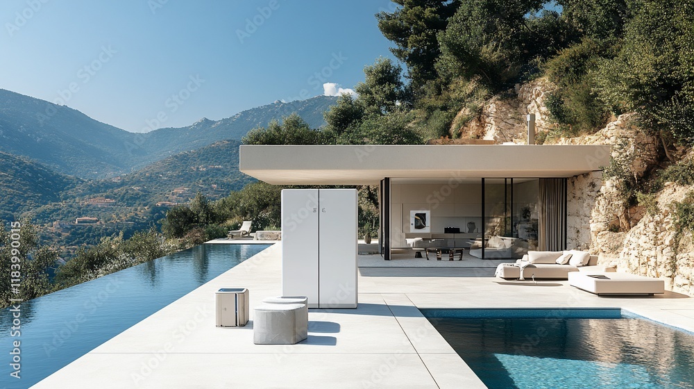 Fototapeta premium Modern outdoor cabinet by infinity pool, hillside villa