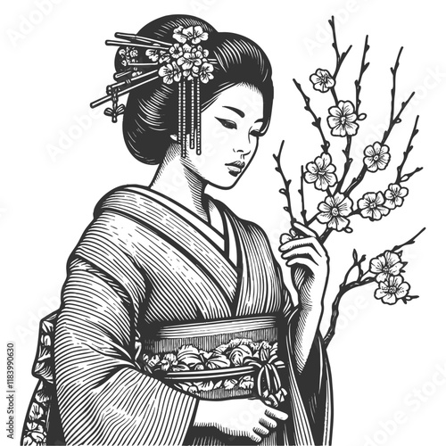 geisha in traditional attire, surrounded by sakura cherry blossoms in a serene scene sketch engraving generative ai vector illustration. Scratch board imitation. Black and white image.