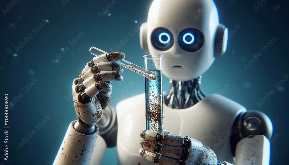 Naklejka premium Humanoid robot collects dirty water sample in test tube for environmental analysis, close-up of test tube