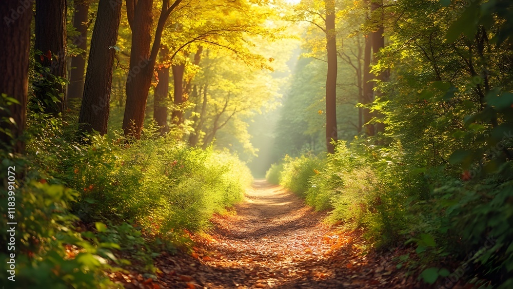 Fototapeta premium Sunlit Forest Path, Vibrant Autumn Nature Scene, Lush Green Foliage, Brown Tones, Golden Sunlight Through Trees