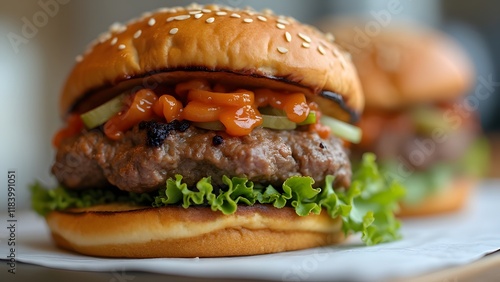 Close-up of Juicy Gourmet Burger with Sesame Bun, Delicious Patty, Melted Cheese, Fresh Lettuce, Pickles, and Spicy Sauce