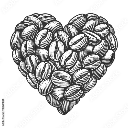 coffee beans arranged in a heart shape, symbolizing love for coffee and artisanal brewing sketch engraving generative ai vector illustration. Scratch board imitation. Black and white image.