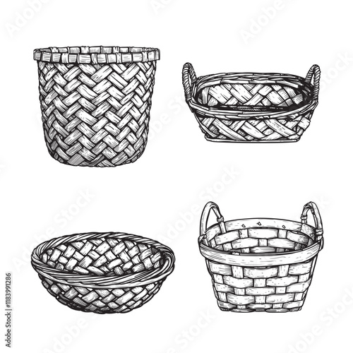 Wicker baskets set. Sketch hand drawn style. Picnic and harvest symbol. Vector illustrations isolated on white.