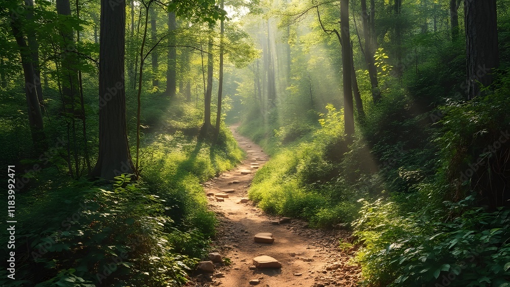 Obraz premium Serene Beige Forest Hiking Trail, Sun Dappled Path Winding Through Lush Greenery