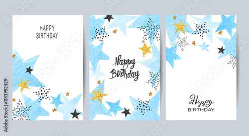 Happy Birthday cards set with blue and golden stars. Celebration vector templates
