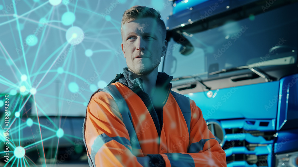 Logistics worker in safety vest standing confidently in front of a truck with digital network overlay Logistics worker in safety vest standing confidently in front of a truck with digital network overlay