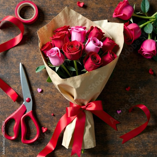 Top view of workspace with bouquet of red and pink roses filled with tools like scissors, ribbons. Perfect for Valentine's Day theme. copy space