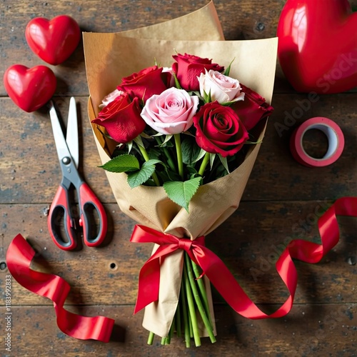 Top view of workspace with bouquet of red and pink roses filled with tools like scissors, ribbons. Perfect for Valentine's Day theme. copy space