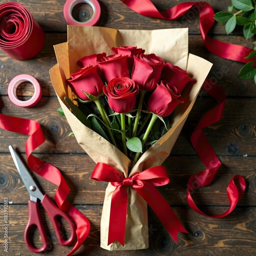 Top view of workspace with red roses bouquet filled with tools like scissors, ribbons. Perfect for Valentine's Day theme. copy space