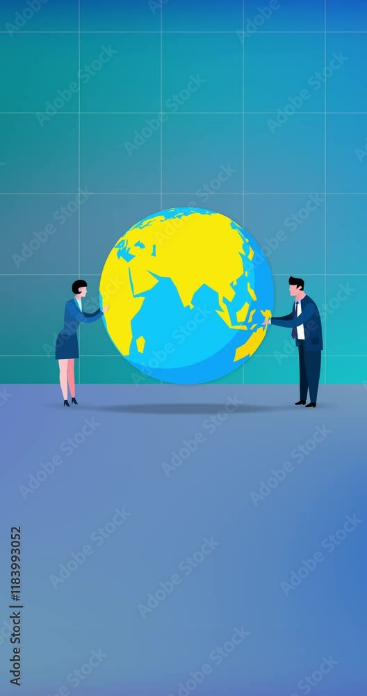 Earth and business couple turning it on grid background vertical. Cartoon animation businessman and businesswoman turning big planet. Business animations series. Earth and business couple turning it on grid background vertical. Cartoon animation businessman and businesswoman turning big planet. Business animations series.