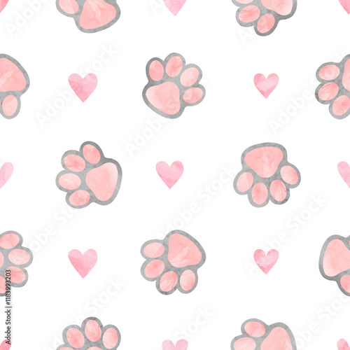 Paws print seamless pattern. Vector background with watercolor cat paws and hearts