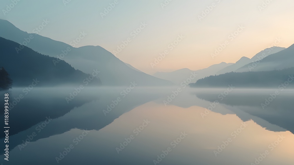 Fototapeta premium Serene Sunrise, Minimalist Mountain Lake Reflection with Fog
