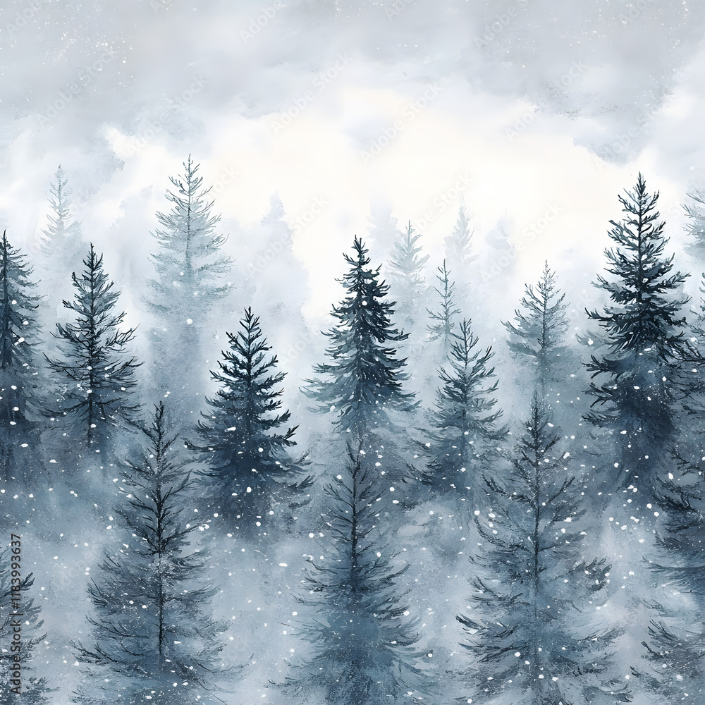 Fototapeta premium Watercolor Winter forest background, Winter Theme snowy forest