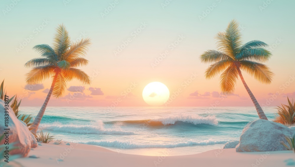 Tropical beach sunset, palm trees, ocean waves, idyllic scene, travel Tropical beach sunset, palm trees, ocean waves, idyllic scene, travel