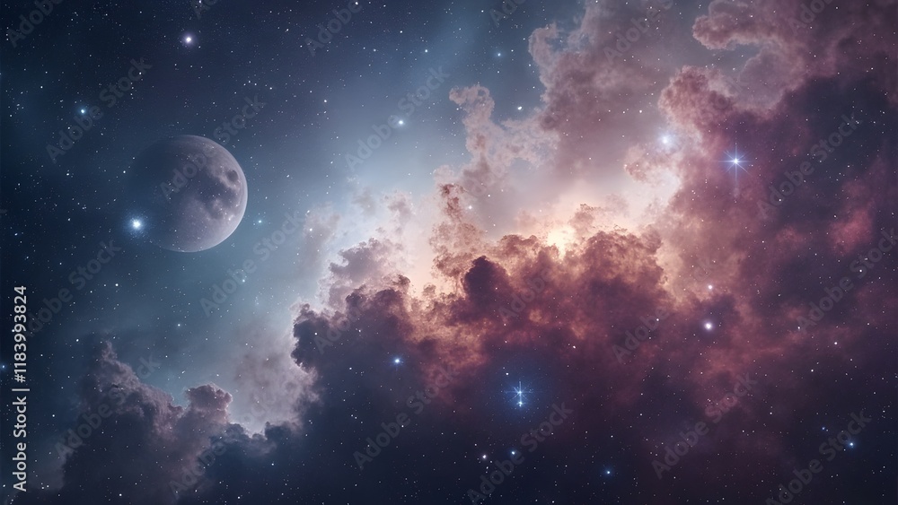 Fototapeta premium Stunning Gray Nebula, Vibrant Cosmic Landscape with Moon and Stars - Space Galaxy Art