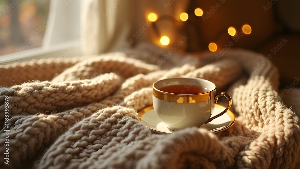 Cozy Hygge Scene, Warm Lighting, Knit Blanket, and Golden Teacup - Perfect Autumn Comfort Cozy Hygge Scene, Warm Lighting, Knit Blanket, and Golden Teacup - Perfect Autumn Comfort