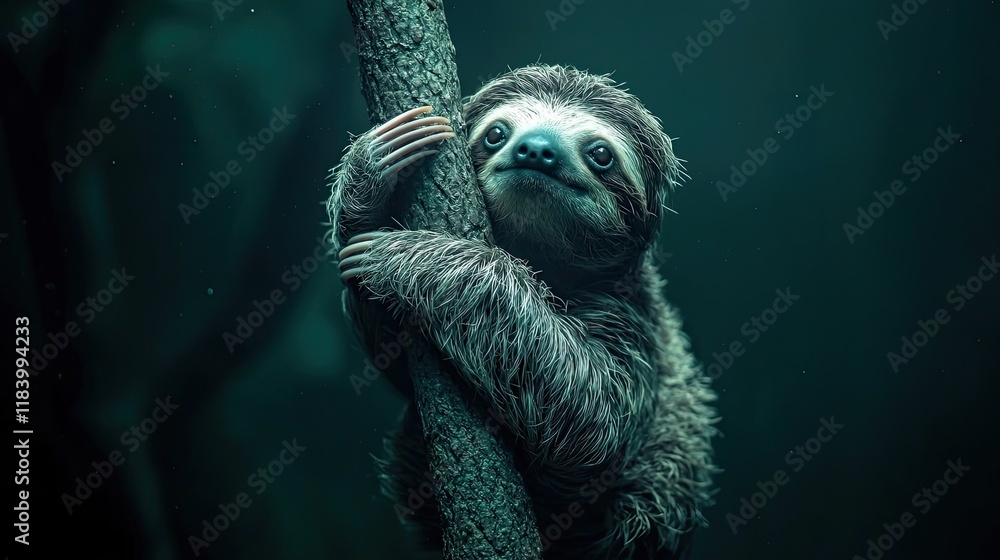 Naklejka premium Sloth holding onto a tree in a misty jungle with soft green light. Relaxed, calm, tropical animal in its natural habitat. Generative by ai